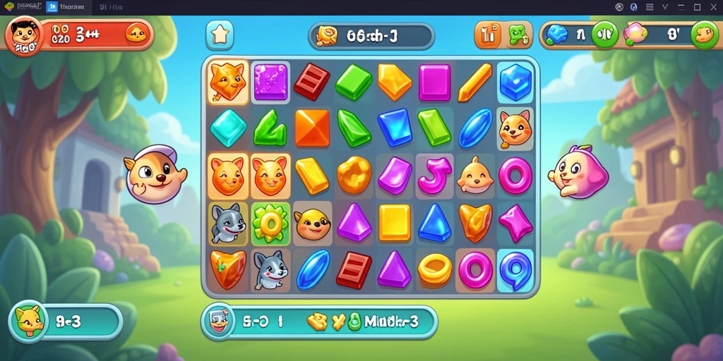Antarmuka menarik dengan simbol berwarna-warni dalam permainan Puzzle Match-3.